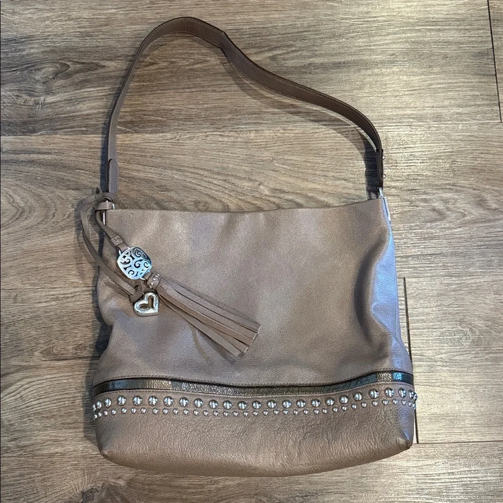 Brighton Taupe Leather Hobo Studded Shoulder Bag